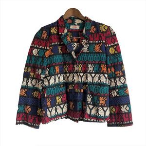 Vintage Handmade In Guatemala Embroidered Button Down Blazer Jacket Blue